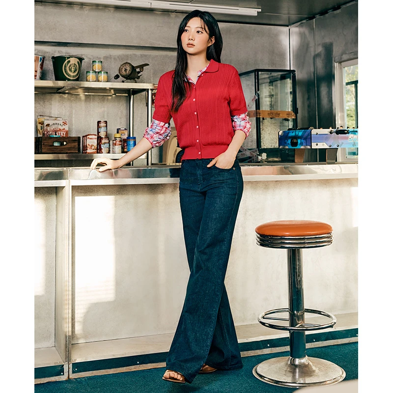 滨波 春夏新款女士藏青色复古蓝优雅阔腿直筒牛仔长裤BF4521C03