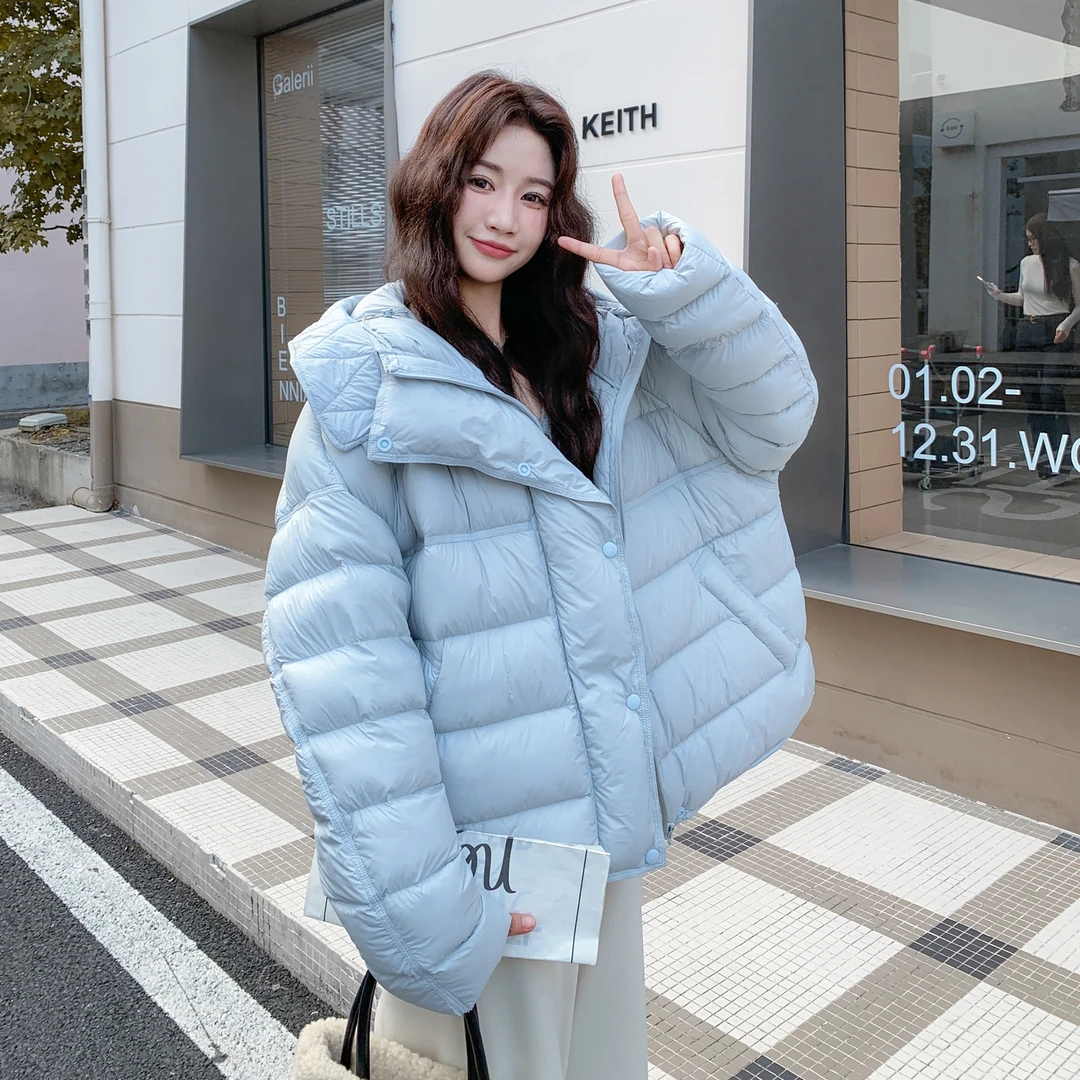 浅蓝色泡芙90白鸭绒龟背羽绒服女2025冬季新款韩系减龄连帽小棉袄