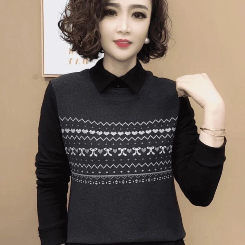 2025双面绒保暖翻领假两件设计打底绒衫百搭显瘦时尚上衣女