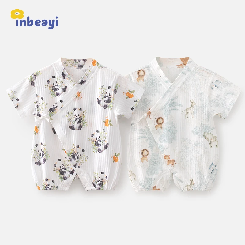【2件装】婴蓓依夏季满月宝宝短袖连体衣服婴儿纯棉哈衣双层护肚A类