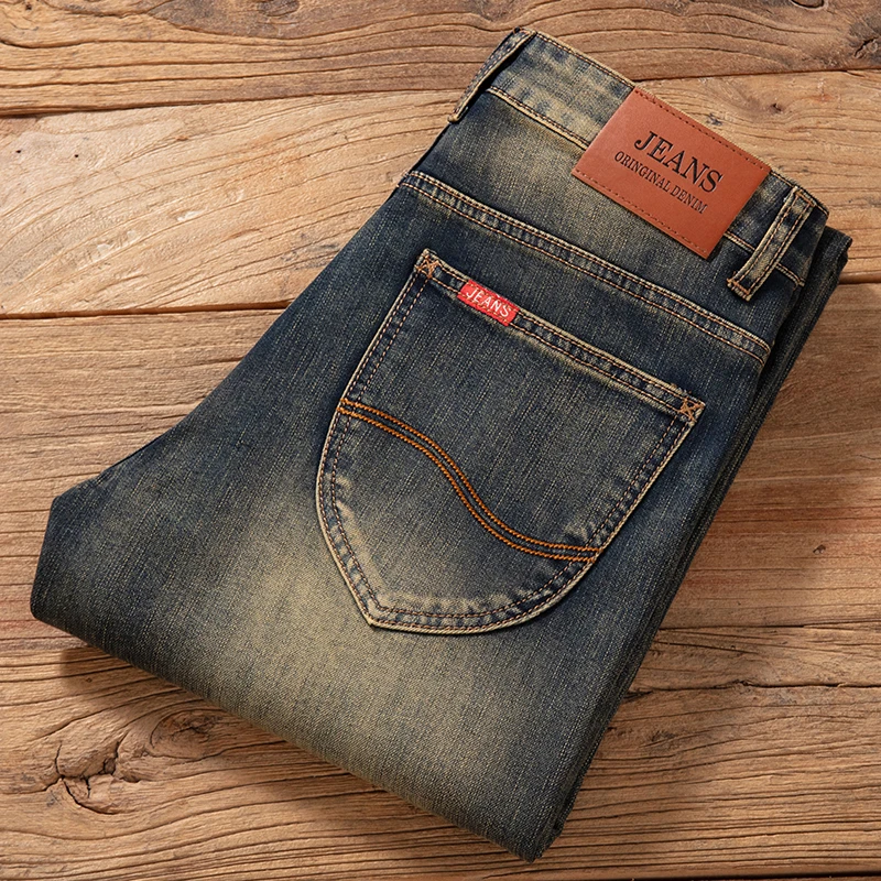 牛仔裤男士春秋款修身直筒2025新款复古黄泥染弹力休闲潮流裤子男