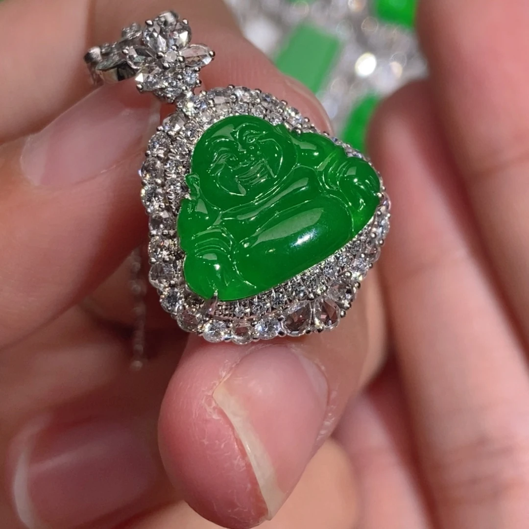 翡翠18K金镶嵌吊坠(不含链)天然缅甸A货翡翠