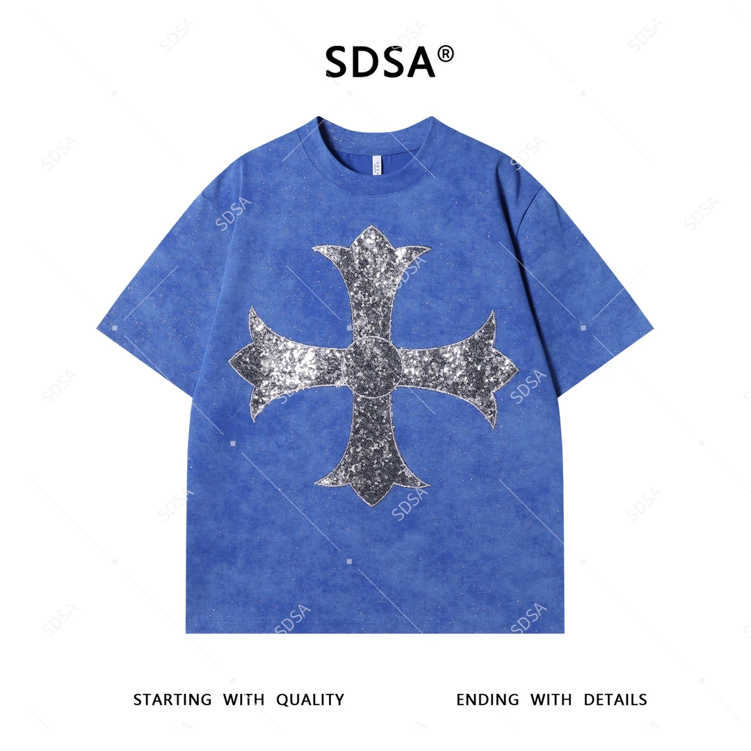 SDSA夏季新款男士痞帅美式胸前亮片十字圆领短袖T恤满天星百搭