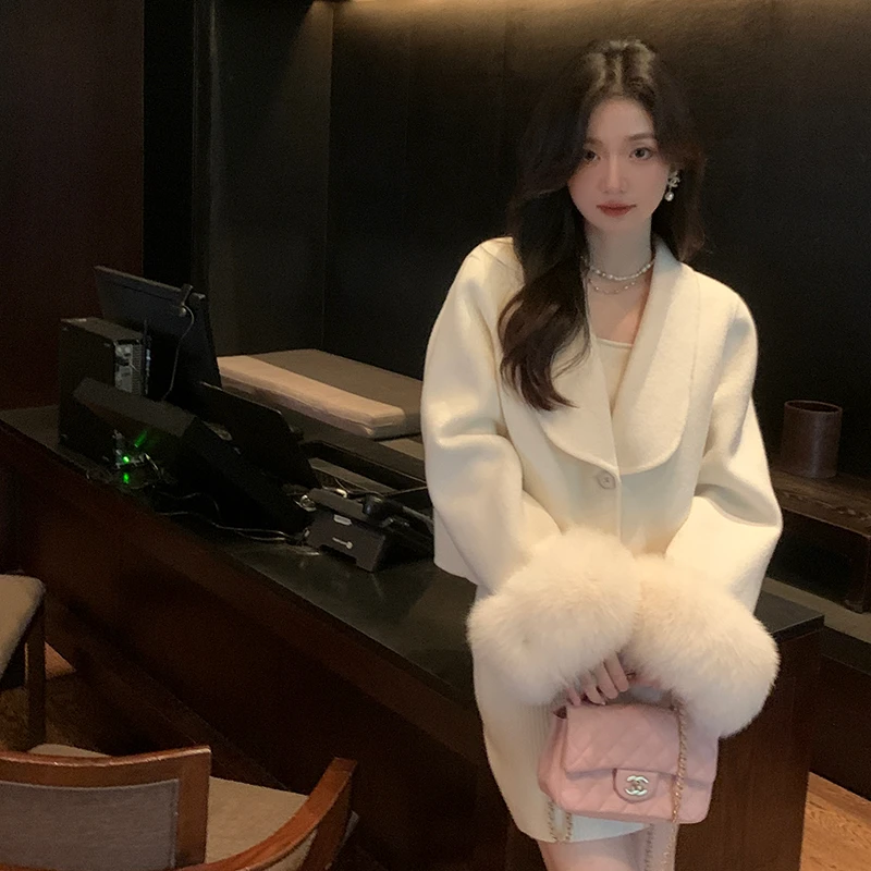 羊毛狐狸毛领新款双面呢女外套毛呢高级大衣小个子