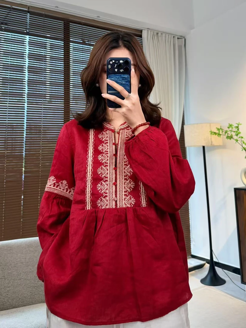 【飞飞专属】时尚长袖重工刺绣百搭新款亚麻上衣-2625-1