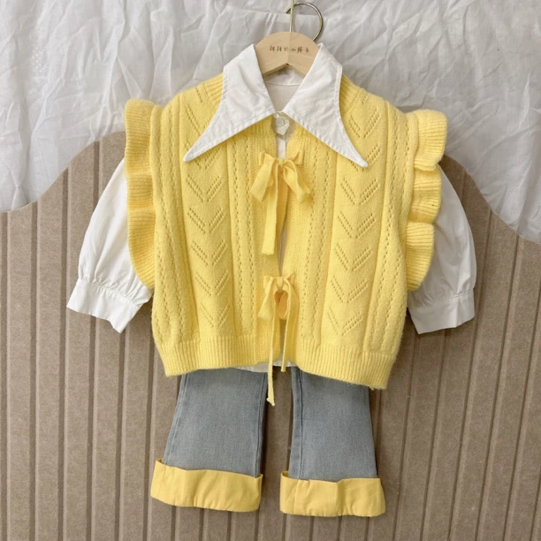 儿童套装 2025春新款定制向日葵黄棉布衬衫牛仔裤3件套韩系百搭