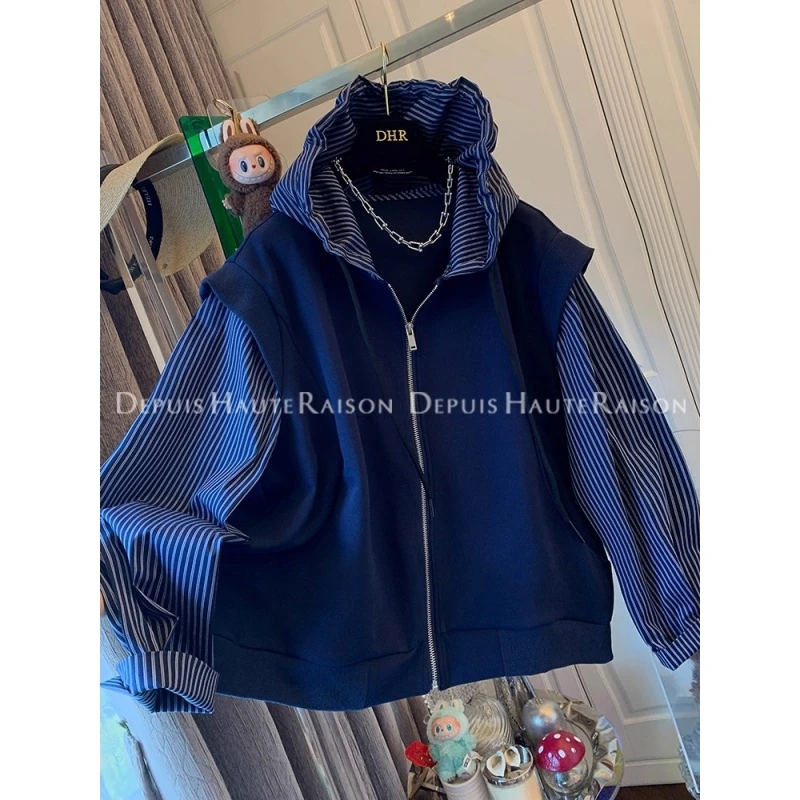 加肥大码300斤连帽条纹衬衫卫衣马甲外套男女春秋独特假两件上衣2