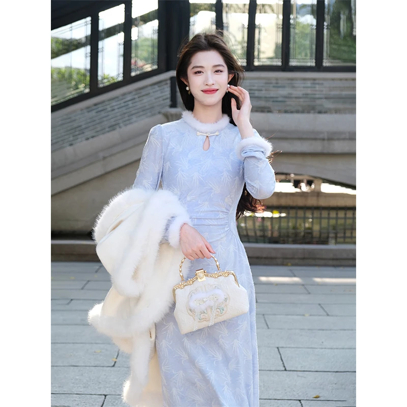 凌茜【寄瑶】新中式三色提花改良旗袍女秋冬拼接毛边针织旗袍连衣裙