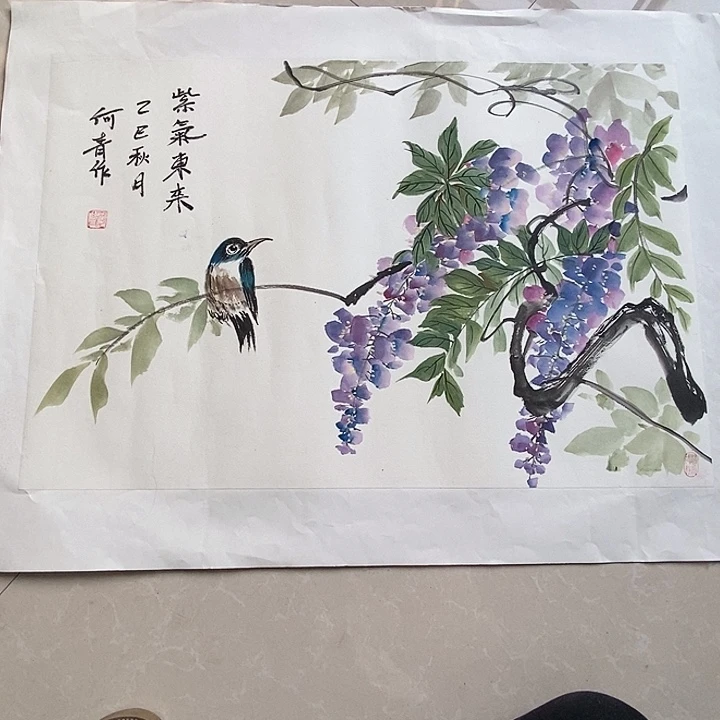 国画四尺三开手绘花鸟
