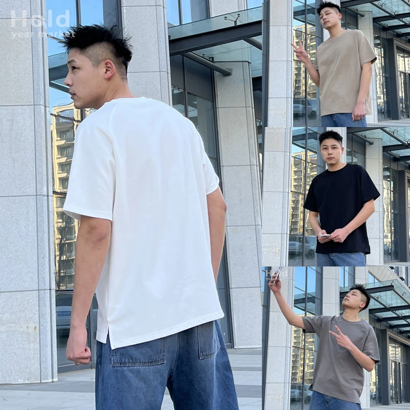 港风复古纯白色小领口插肩T恤男夏季重磅棉短袖休闲宽松半袖百搭