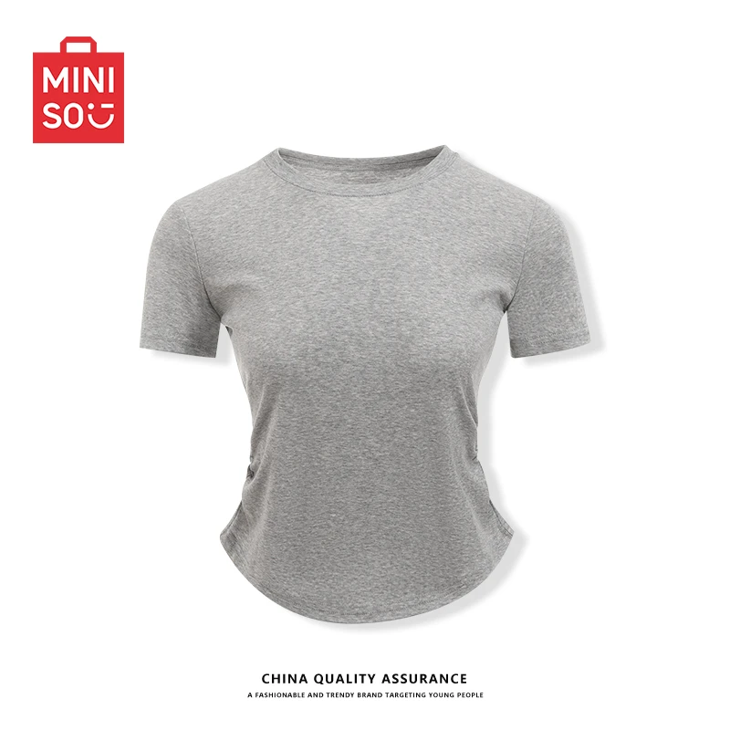 名创优品修身显瘦短袖女夏季短款抽褶t恤小个子百搭时尚半袖上衣