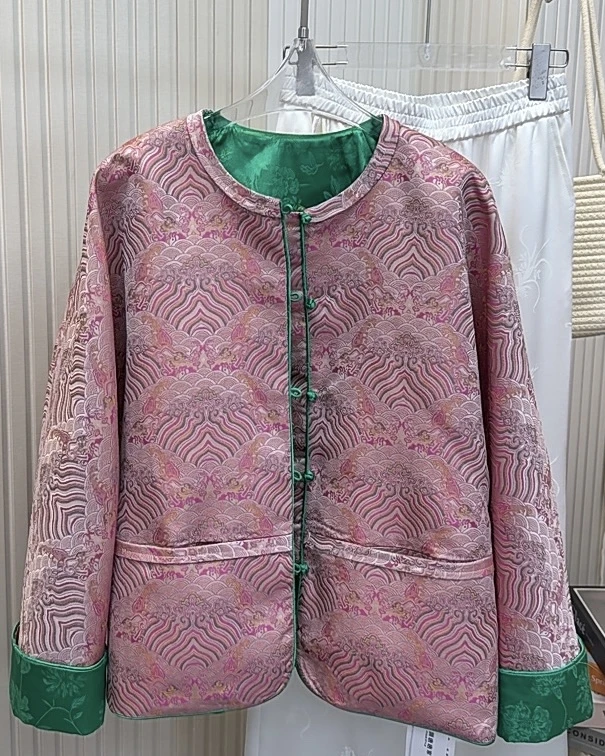 【云涛翠领】新中式国风圆领连肩织锦云纹提花复古直襟单排扣外套女