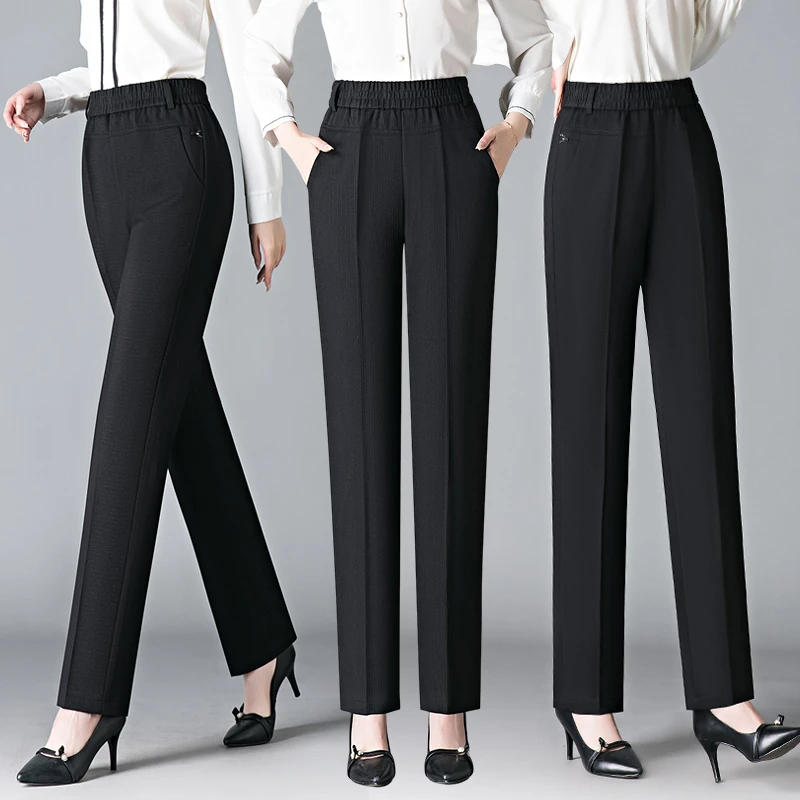 春季新款垂感妈妈裤弹力松紧腰宽松显瘦黑色长裤休闲气质老奶奶裤