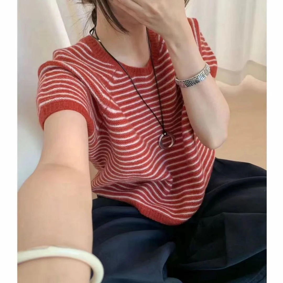 【红色时尚小条纹】女上衣短袖针织毛衣条纹圆领植绒宽松2022