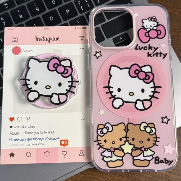 ins可爱粉色点赞KT星星黑皮Kitty双层磁吸壳iPhone15pro/14/13