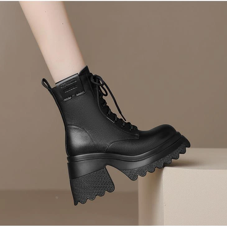 10CM纯牛皮欧洲站超高跟粗跟马丁靴女小个子厚底增高短靴松糕鞋