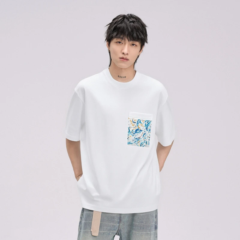 HERBEL/黑白短袖T恤25年夏季男式简约圆领艺术印花黑白圆领短袖