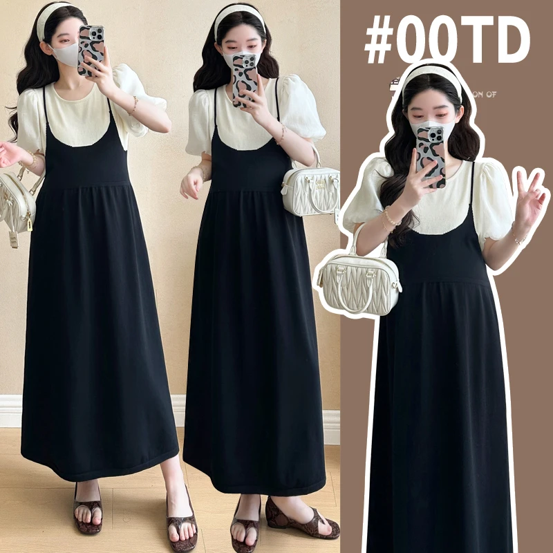 现货实拍大码孕妇夏装假两件套针织孕妇连衣裙韩版潮妈慵懒孕妇裙