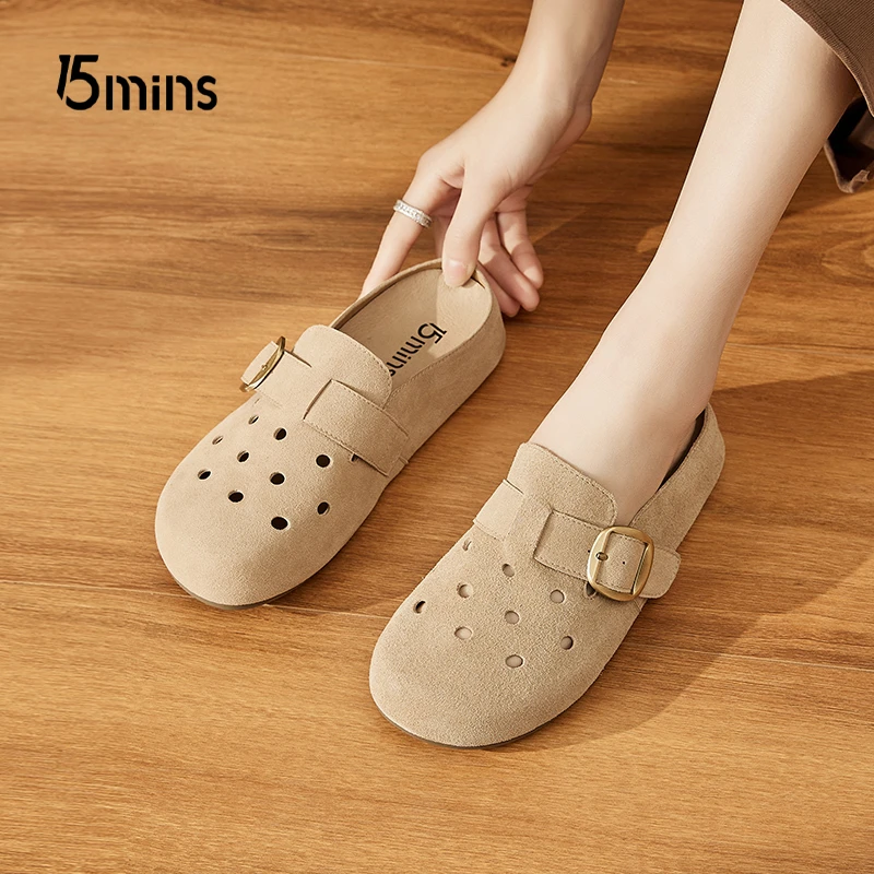 15MINS勃肯包头半拖鞋女鞋外穿2025镂空透气洞洞鞋厚底百搭穆勒鞋