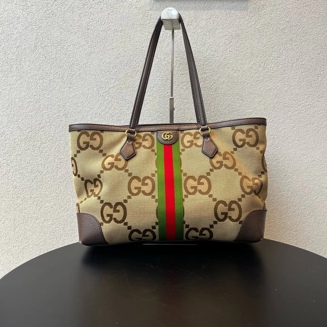 95新 GUCCI/古驰 双G徽标大logo 帆布拼皮托特包 搭配绿红绿织带