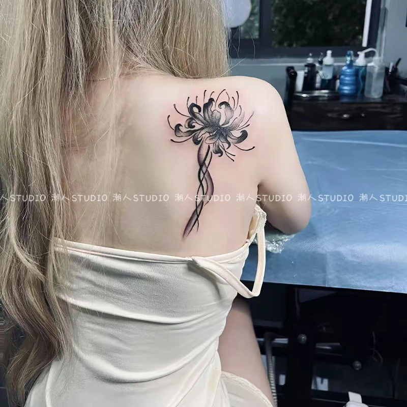 暗黑彼岸花草本纹身贴半永久防水持久花卉图案可遮盖疤痕男女通用
