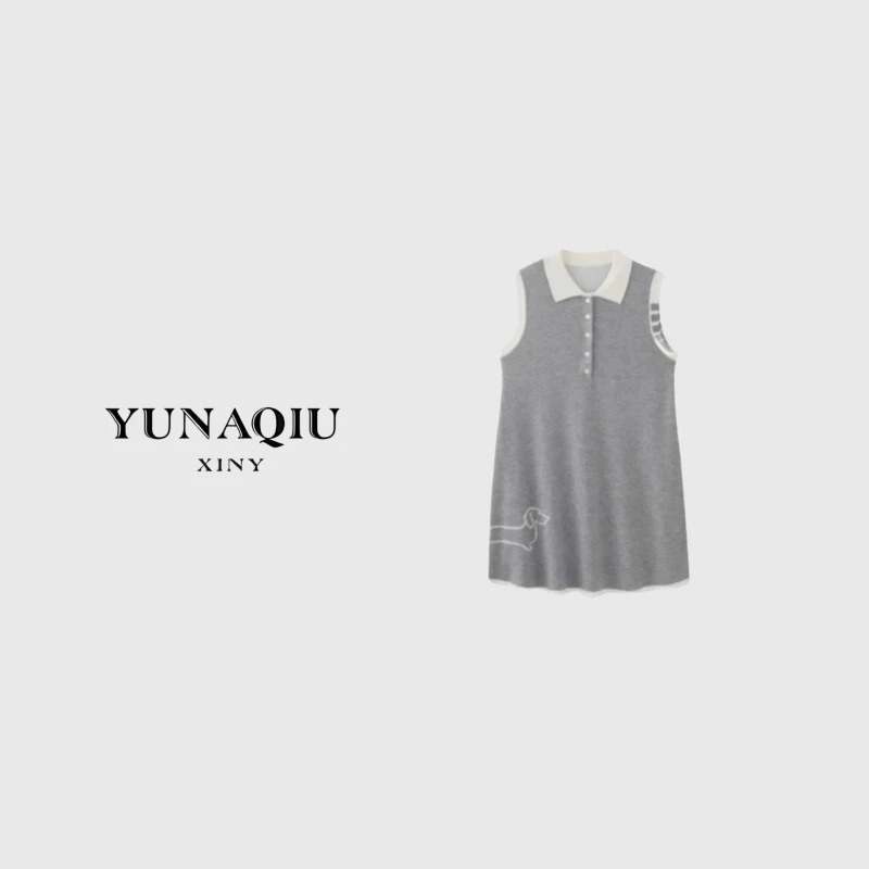 YUNAQIU-时尚花灰色翻领系列无袖针织款式连衣裙-9298