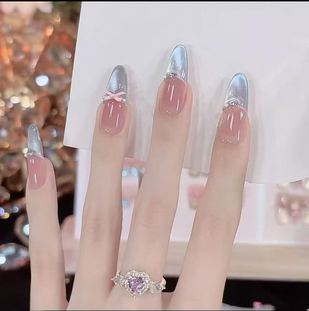 【蓝精灵】纯手工穿戴甲春季灰蓝色猫眼美甲蝴蝶结裸色美甲贴片10片