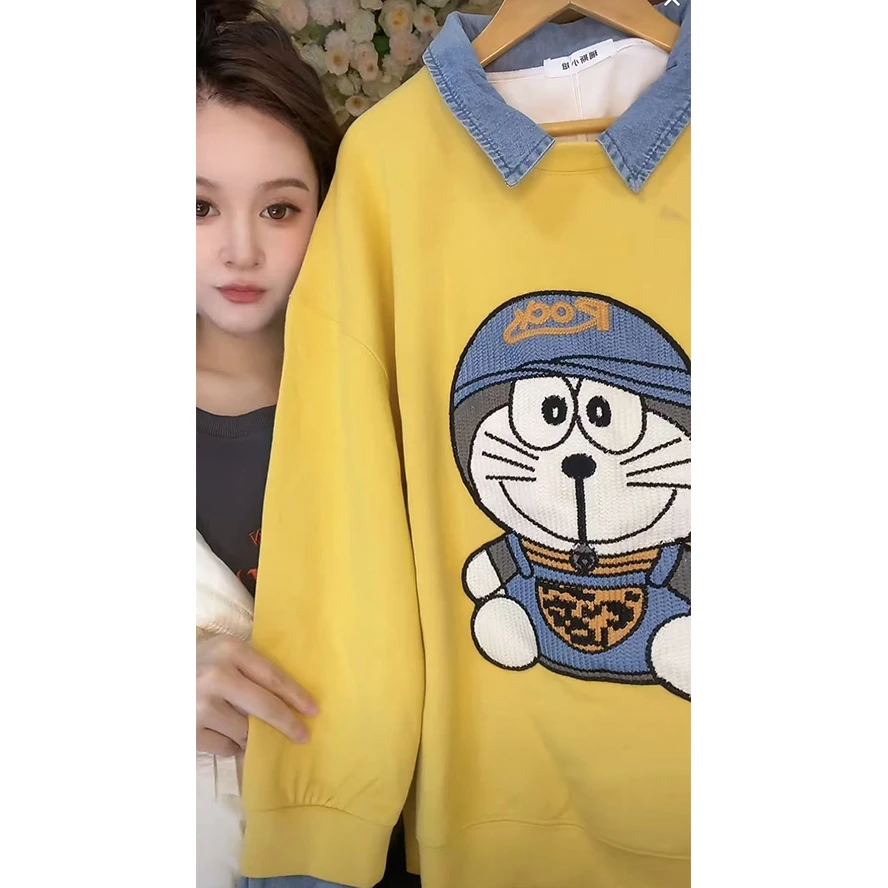 8347  2024秋季新款韩版休闲长袖薄款卡通假两件慵懒风卫衣女NNS