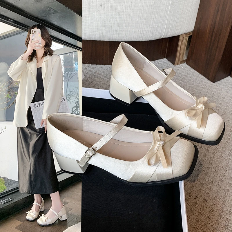 新款浅口方头单鞋女2025春秋中跟粗跟一字扣女鞋甜美蝴蝶结淑女鞋
