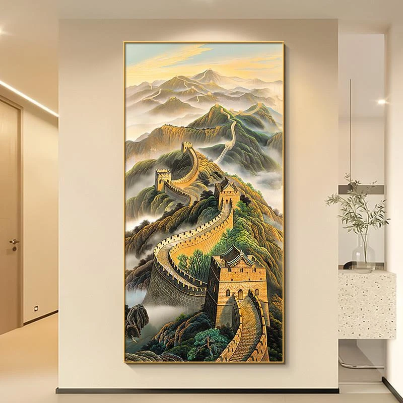 入户办公室大气走廊尽头竖版长城挂画 划图中式玄关画 划高端装饰