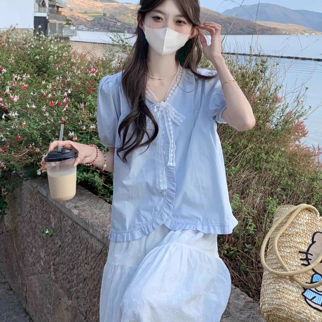 蓝色短袖上衣女夏日多巴胺休闲小仙女法式独特娃娃衫泡泡袖衬衫女