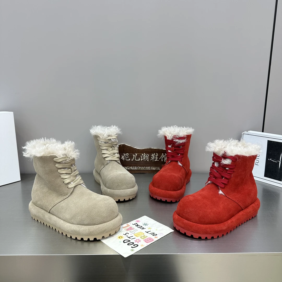 MANGNIER/冬季新款系带翻口两穿厚底加绒保暖防滑羊卷毛雪地靴女