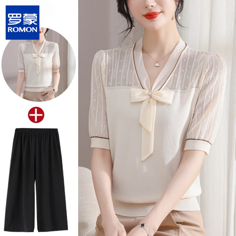 罗蒙母亲节妈妈夏装短袖T恤新款减龄中年轻女夏季冰丝上衣服套装