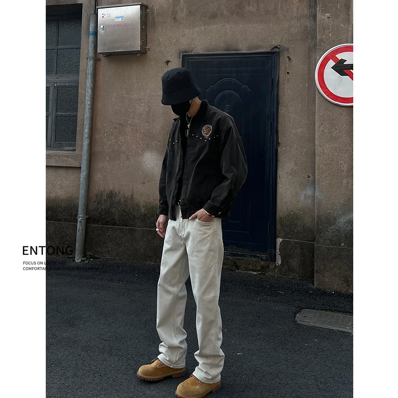 Entong美式高街vibe灰白宽松直筒牛仔裤Cleanfit街头复古男生长裤