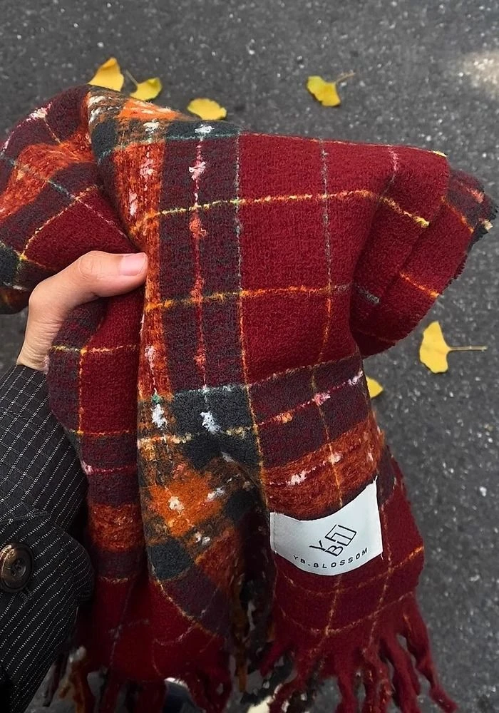 格子高级复古新款韩版冬季加厚围巾围脖氛围学生百搭红色保暖披肩