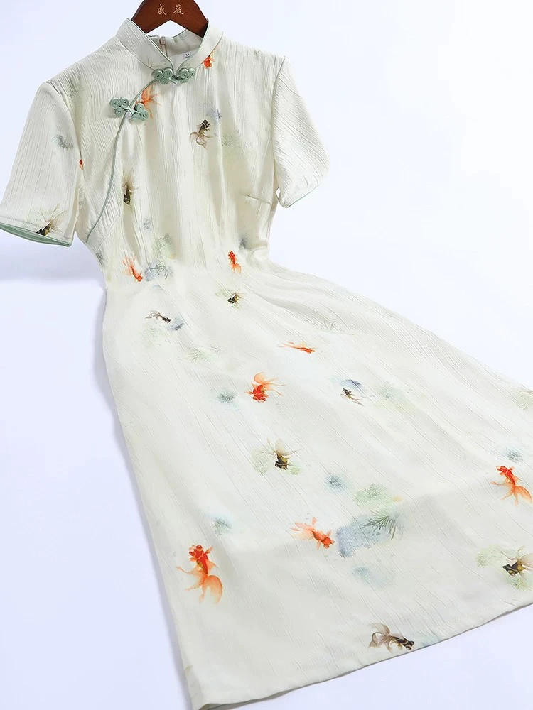 V-2595 锦鲤印辉 桃花绉 双层 A版 夏款年轻款改良旗袍110cm长款