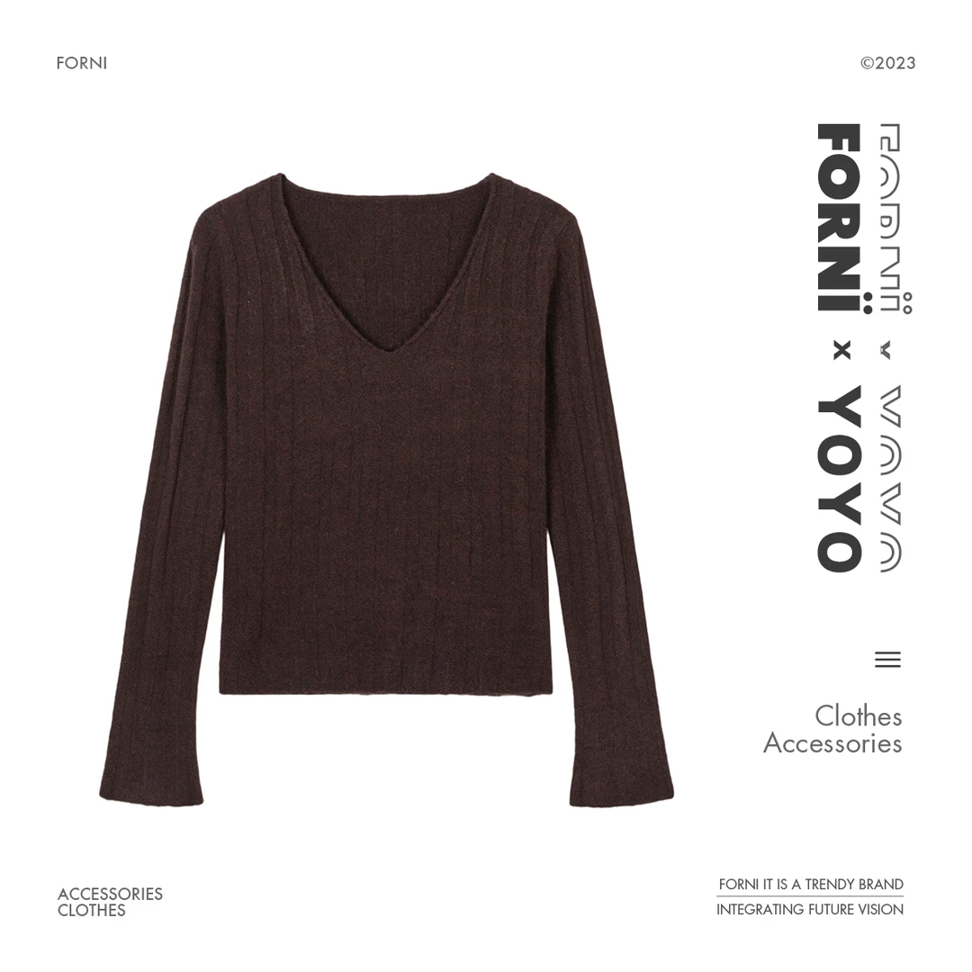 FORNI x YOYO 气质女人 长袖绵羊毛V领时尚显瘦坑条针织衫