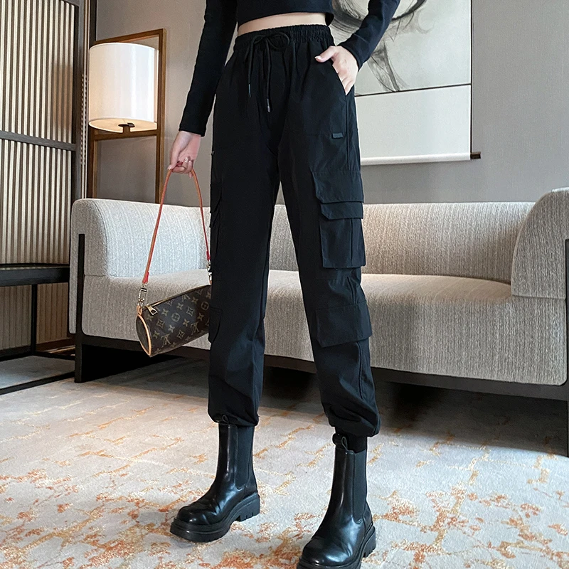 黑色工装裤女款爆款2025新款春秋直筒嘻哈束脚高腰哈伦运动休闲裤