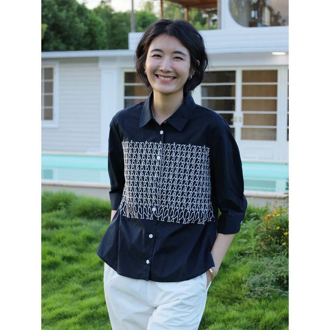 LANGQING 刺绣翻领宽松纯棉七分袖印花拼接长袖衬衫上衣44660#