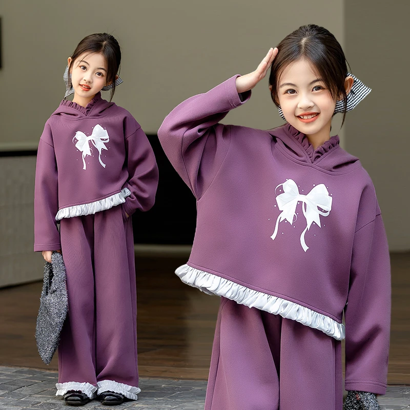 女童卫衣套装秋款蝴蝶结花边儿童休闲两件套韩国2025