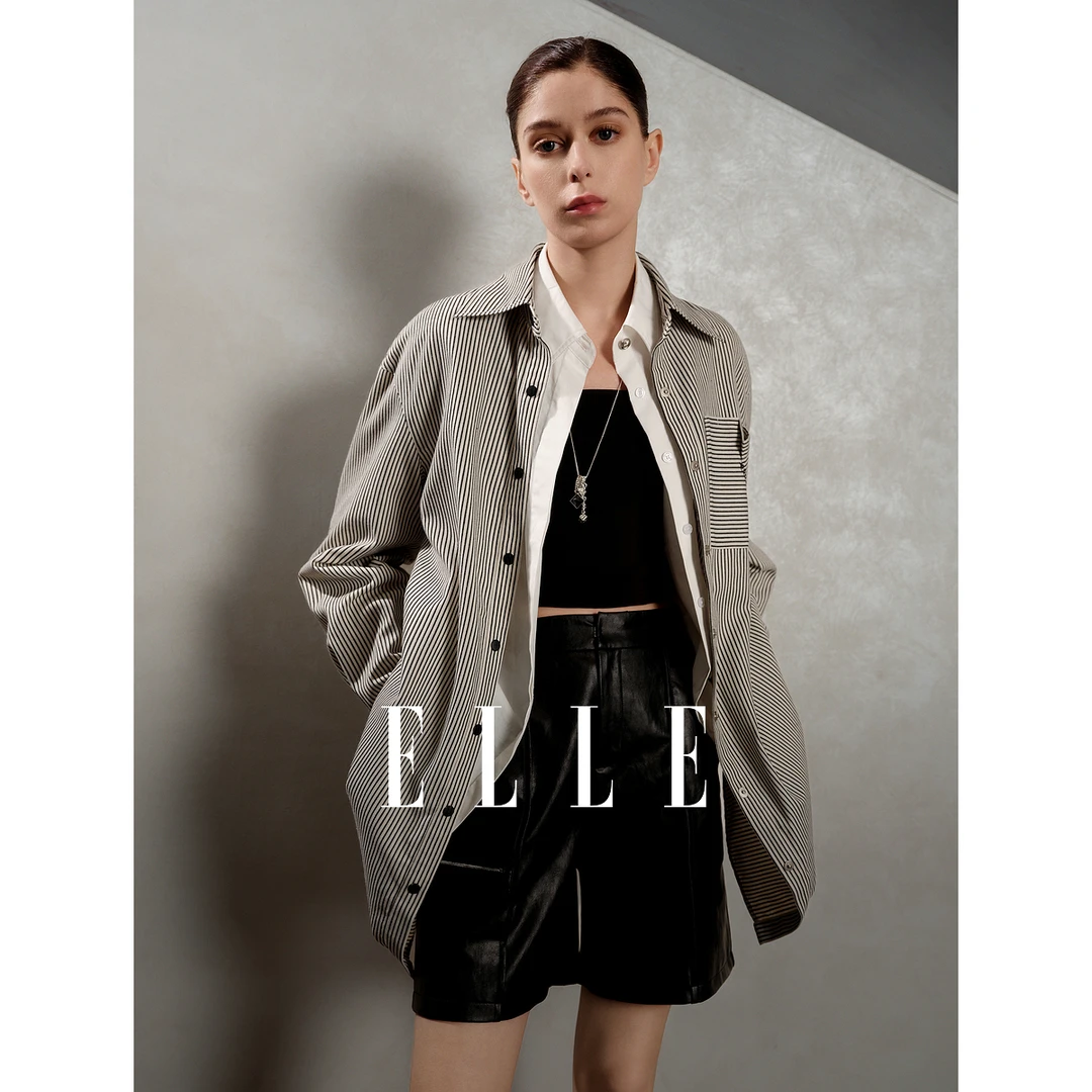 【王雪糕专属】ELLE法式摩登条纹翻领衬衫2025春季新款宽松EC50605