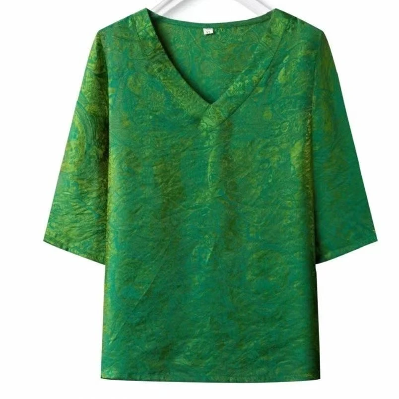 【王老板】777桑蚕丝浮光锦时尚洋气短袖衬衫