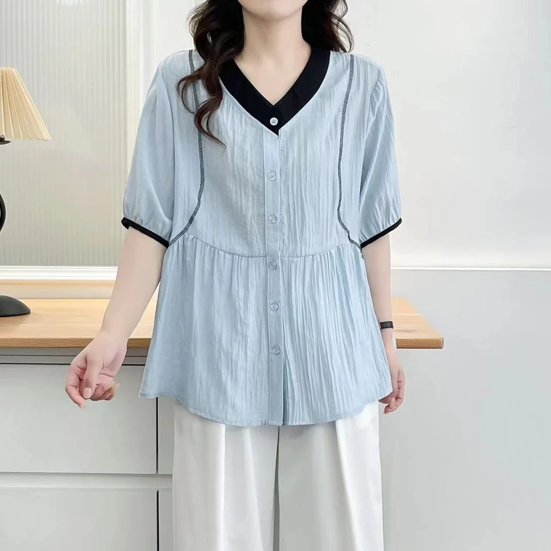 夏季宽松显瘦百搭明线V领衬衫