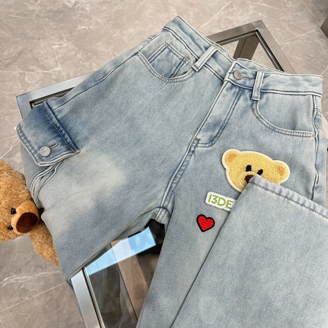 【YU·PP】（096）小众男女同款贴片印花大熊直通阔脱牛仔裤（P0093）