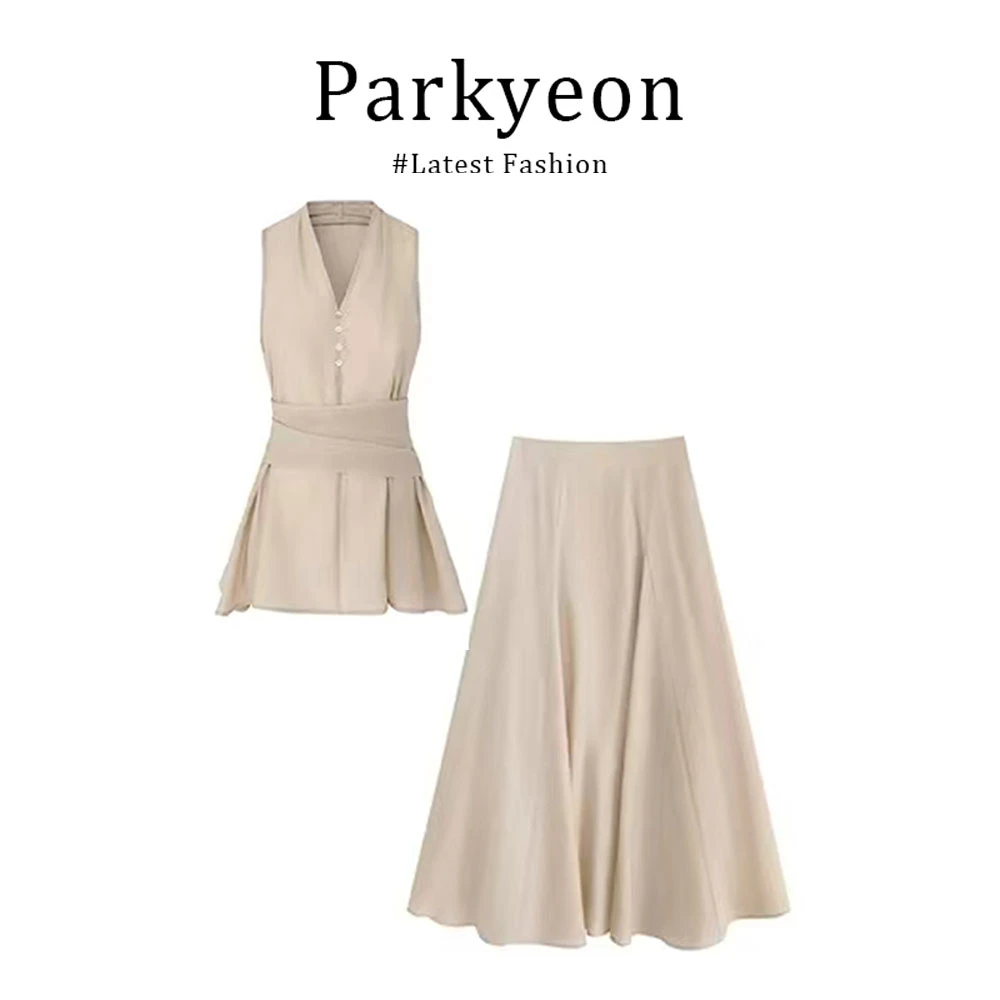 parkyeon高级感收腰v领背心上衣女2025夏季修身显瘦半身裙两件套
