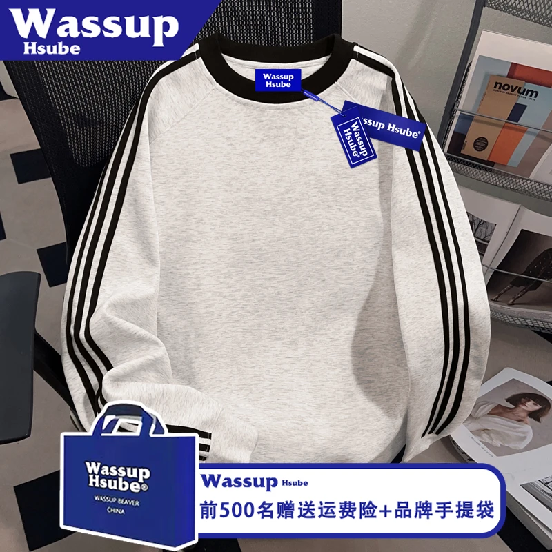 WASSUP HSUBE秋小众潮牌T恤美式纯棉长袖ins男女款纯色三条杠上衣