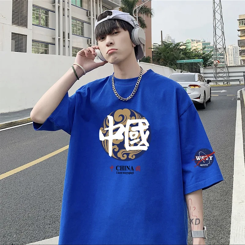 纯棉短袖t恤男款潮流国潮港风男生夏季潮牌半袖ins宽松男士上衣服