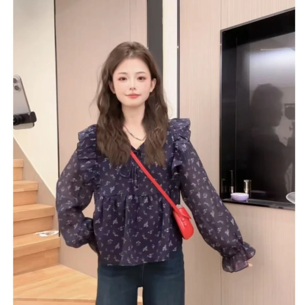 韩系木耳边定制面料碎花小领上衣t恤显瘦印花秋季新款