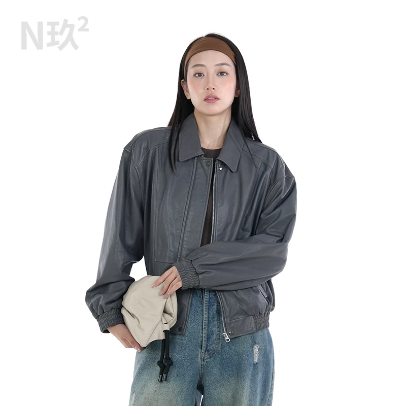 廓版宽松型短款工装风方领皮衣春秋季拉链极简风植鞣绵羊皮夹克女