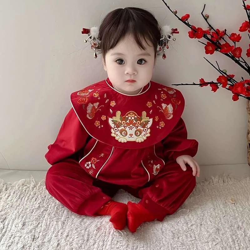 范哲萨婴儿加绒连体衣冬冬装新中式抓周百天周岁礼服女宝宝衣服冬